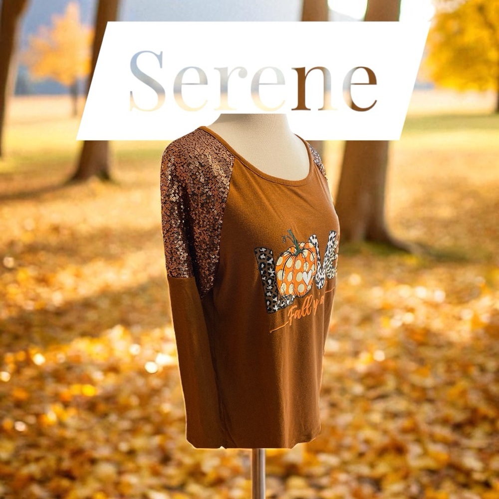Women's Brown Sequin Sleeve Fall Top
